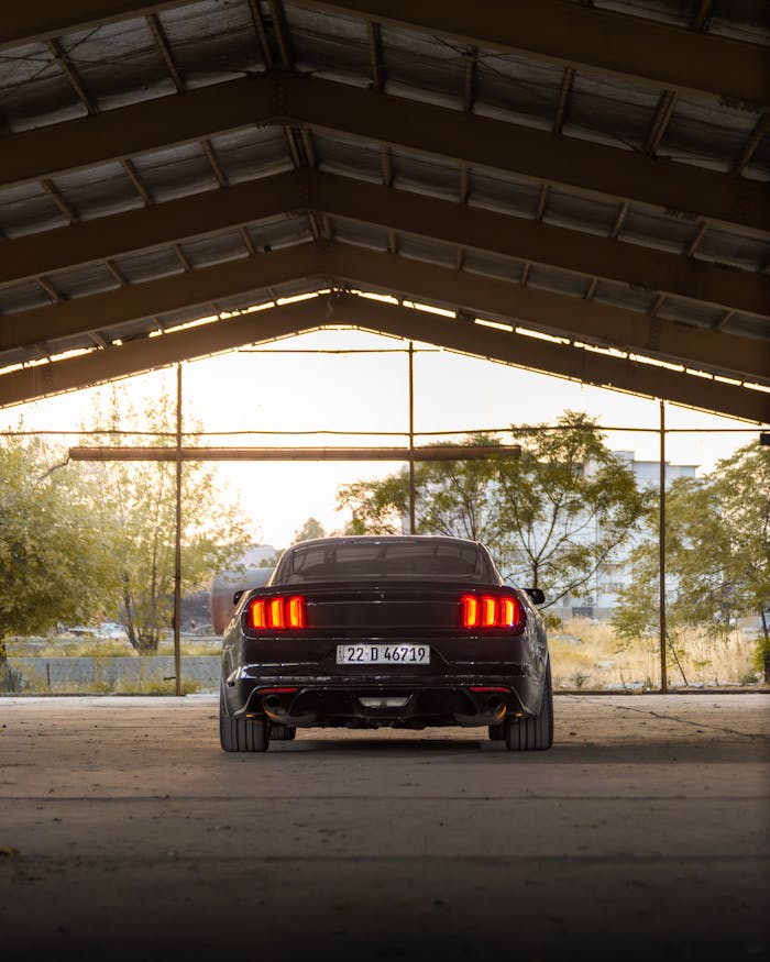 Back view of a modern car under a steel structure with trees outside.